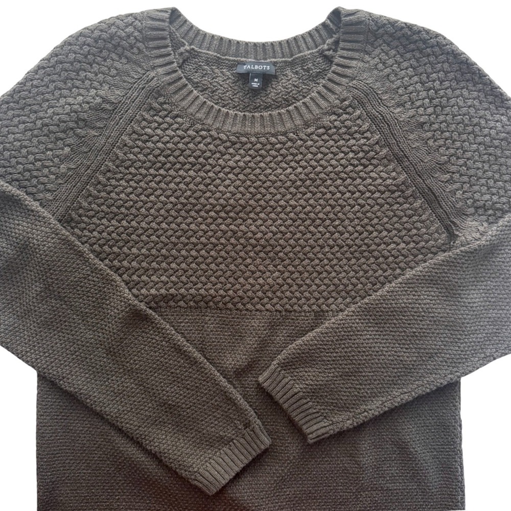 Talbots Sweater Medium Crew Neck Olive Green Long Sleeve Cotton Blend‎ Chunky